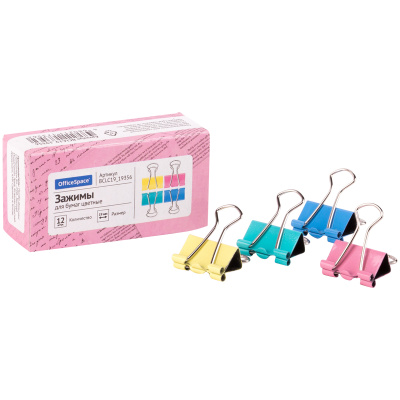 Зажим для бумаг 19мм OfficeSpace цветные